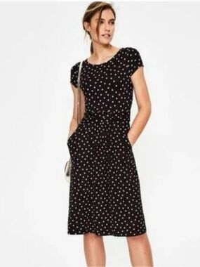 Boden Amelia jersey knit dress black and light pink polka dot print Size 8 Long